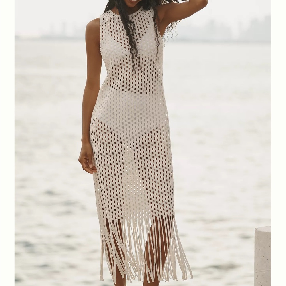 Anthropologie Celandine Sheer Fringe Cover-Up Midi Dress